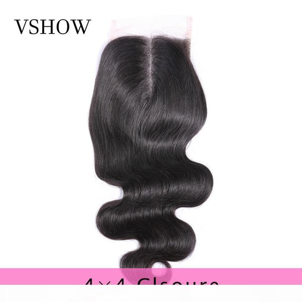 

vshow 4x4 body wave closure human hair lace closure with baby hair part and middle part remy hair closure, Black