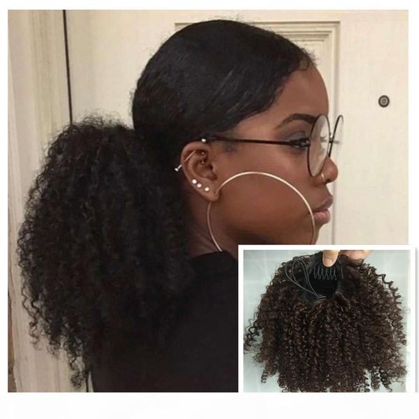 

kinky curly ponytail afro pom pom hair drawstring ponytail african 14inch afro kinky curly hair extension 120g human puff hairpiece, Black