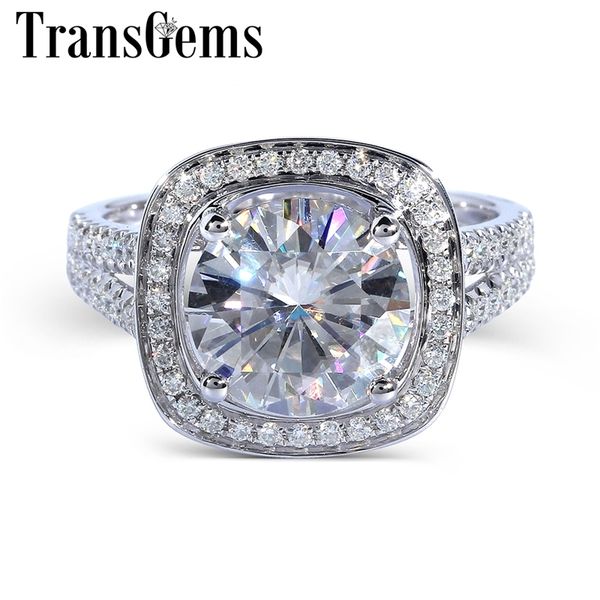

transgems luxury 14k 585 white gold center 3ct carat f color moissanite halo engagement ring for women wedding with accents y200620, Slivery;golden