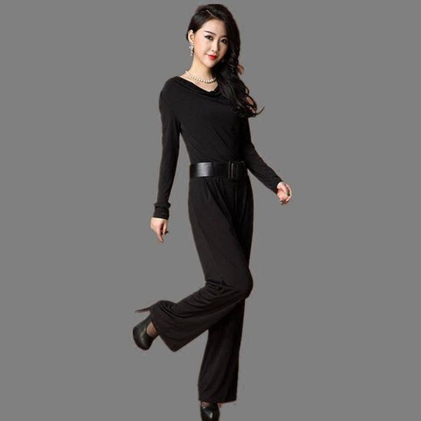 

2020 women elegant long sleeve belt with cleavage in v casual leg down pants overalls loose ladies 4a77, Black;white