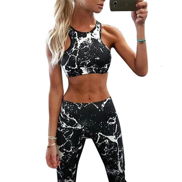 

printing two piece set women high waist elastic push up leggings 2 piece set female sleeveless fitness bra set femme, Gray
