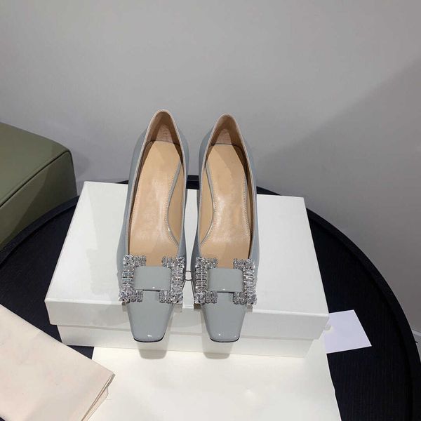 

new square toe leather square buckle rhinestone all-match shallow mouth silk heel shoes, Black