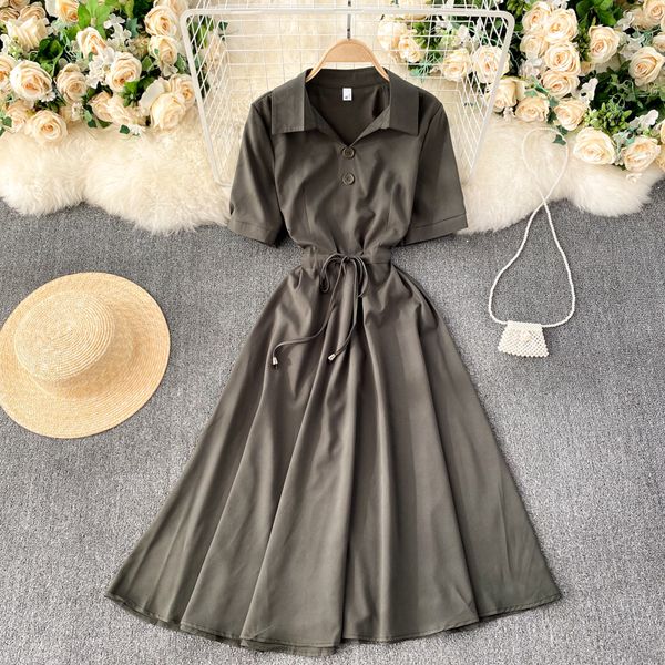 

2021 new singiny solid office lady dress fashion collar short summer dresses cordon to line 9q72, Black;gray
