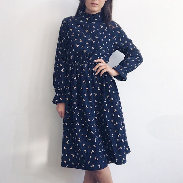 

winter corduroy floral print women elastic waist autumn winter dress stand collar beach dress vestidos party female y0118, Black;gray