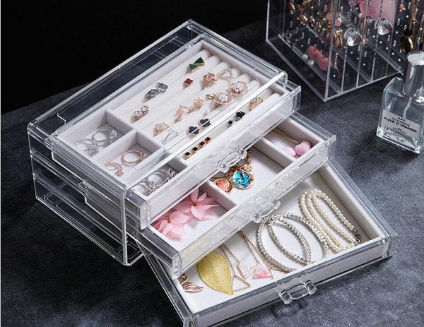 

multilayer jewelry organizer box transparent plastic jewerly box organizer for rings/necklace/watches55, Black;white