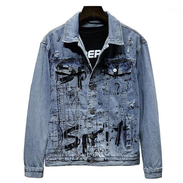 

hand painted hip hop denim jacket men oversized streetwear graffiti harajuku hole jeans jacket 2020 mens casual denim outwear1, Black;brown
