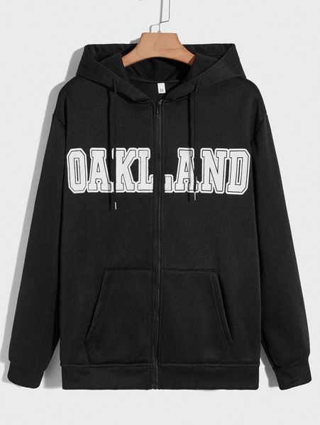 

men letter graphic zipper up drawstring hoodie t2un#, Black