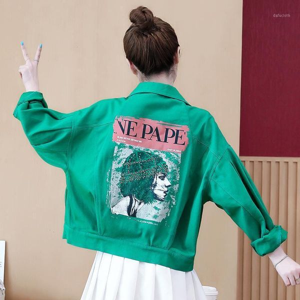 

denim jacket women 2020 autumn casual single breasted print jacket jeans woman loose short overcoat ladies jean jackets 1, Black;brown