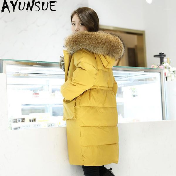 

ayunsue women's down jacket korean winter coat large fur collar long down jacket woman hooded warm doudoune femme hiver kj24841, Black