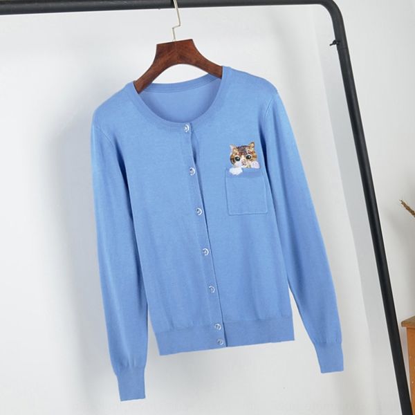 

wd5gu 19 spring new korean knitted jacketround women's long sleeve jacket cardigan neck pocket show thin embroidery cat jacket u8yem, White;black