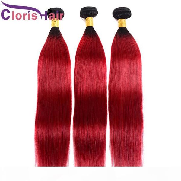 

cuticle aligned red ombre brazilian virgin hair extensions straight colored human hair bundles dark roots 1b red brazillian ombre weaves, Black