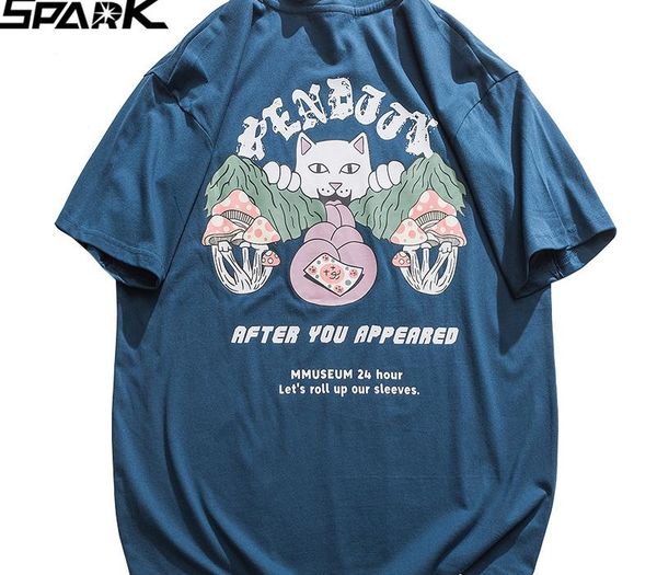 

men t shirt 2020 streetwear japanese harajuku tshirt funny cat print hip hop t-shirt short sleeve summer cotton tees blue t200611, White;black