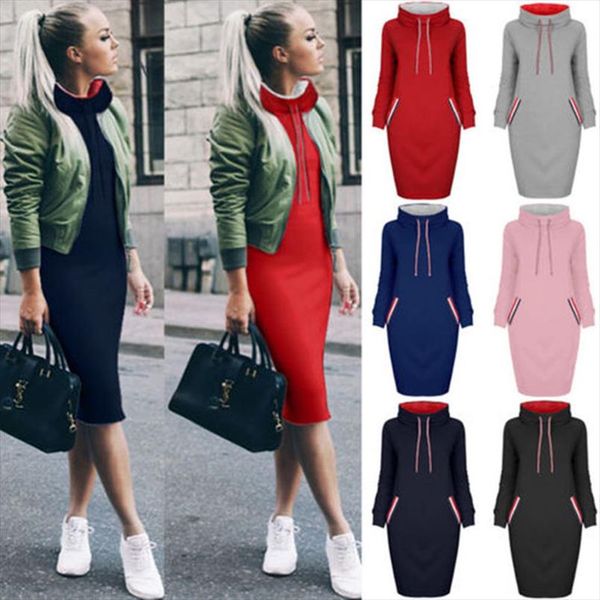 

plus size autumn winter warm sweatshirt long sleeve dress 2020 women turtleneck drawstring hoodies female pockets midi dresses, Black