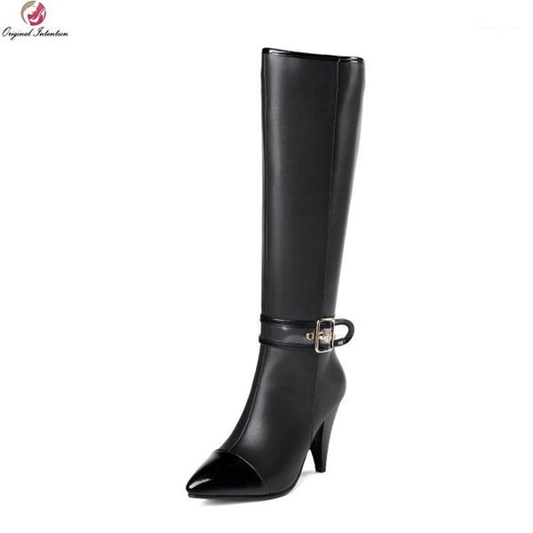 

boots original intention fashion women knee high leather pointed toe spike heels stylish black shoes woman us size 3-131