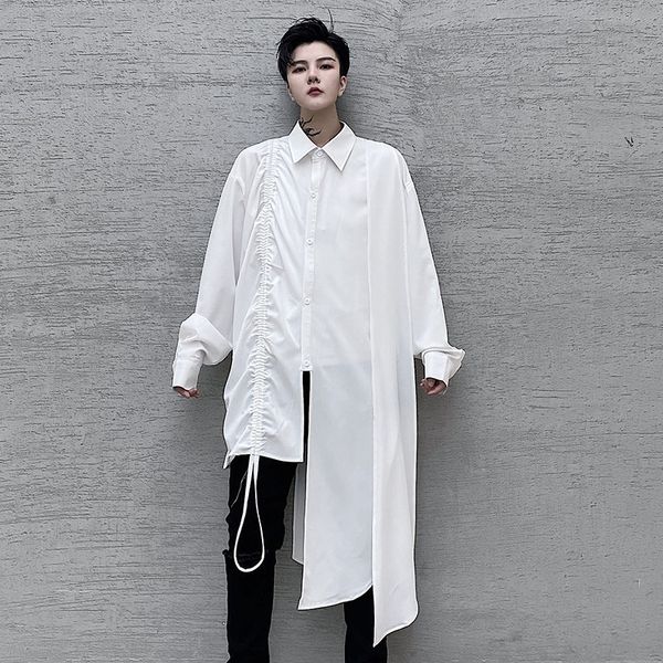 

2020 asymmetry design men cordon male long sleeve shirt female streetwear dress stage clothes f18p, White;black