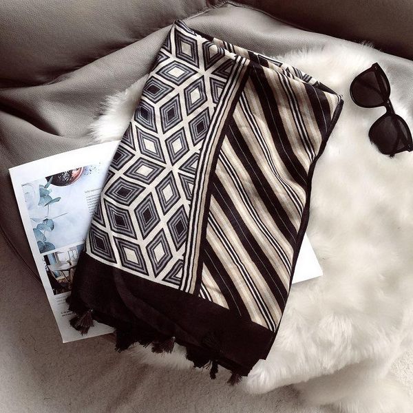 

scarves royalmaybe cotton scarf women autumn and winter stitching geometric black long shawl dual-use scarfs for ladies, Blue;gray