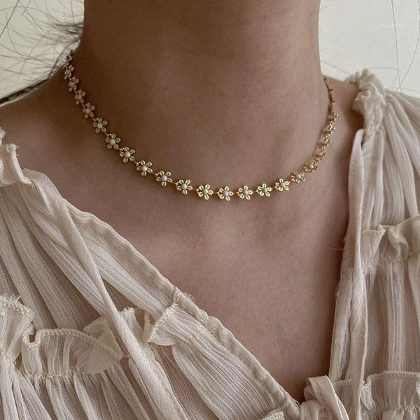 Цепи Цветочные бусины Choker Ожерелья для Женщин Длинные Регулируемые Размер Золотая цепь Кливицы Ожерелье Белый и Синий Шере Ювелирные Изделия