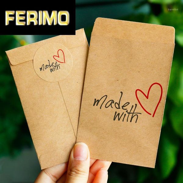 

50pcs gift paper bag made with love thank you kraft paper bag with sticker party wedding gift packing candy wrapping1
