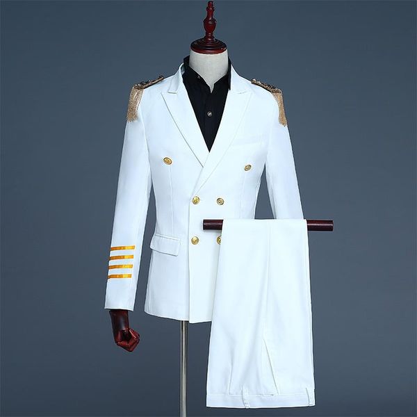 

white double breasted wedding groom tailcoat suit men stage cosplay captain costume homme evening prom mens suits with pants xxl, White;black