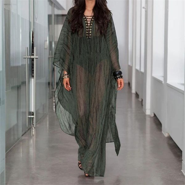

casual dresses 2021 lace up deep v-neck loose long summer beach dress plus size women beachwear bats sleeve black chiffon maxi n9771, Black;gray