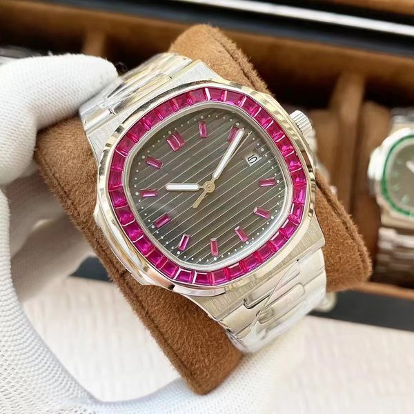 

2022 new arrives nautilus watch men automatic man watches 5711 silver band red diamonds bezel stainless mens mechanical di lusso wristwatch, Slivery;brown