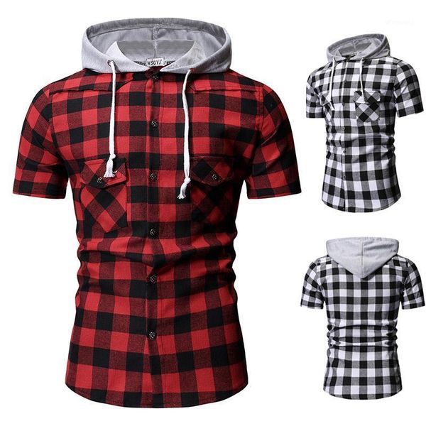 

men shirts 2020 summer new men's fashion plaid hooded casual cotton short-sleeved shirt1, White;black