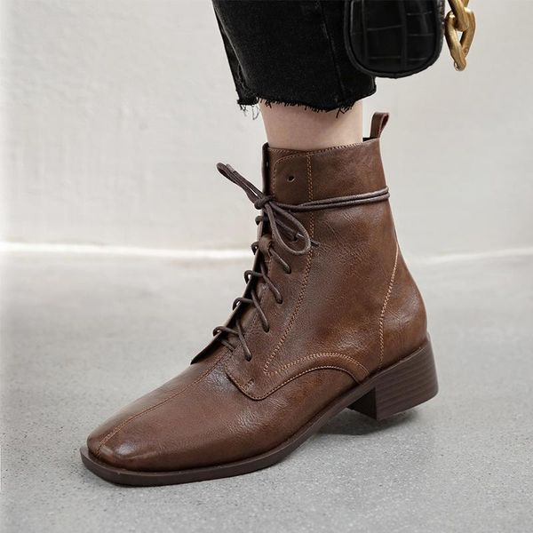 

eshtonshero ankle boots winter women shoes autumn lace up leather square low heel round toe boots motorcycle size 3-9, Black