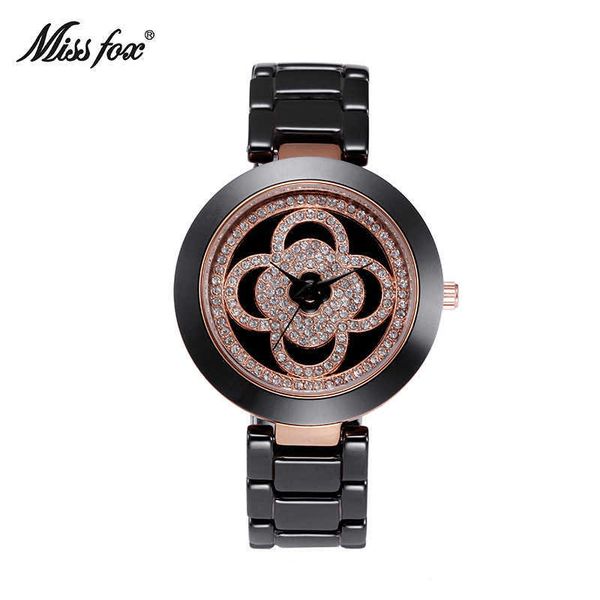 

missfox watch women's korean fashion ceramic clover waterproof inlaid british watch women, Slivery;brown