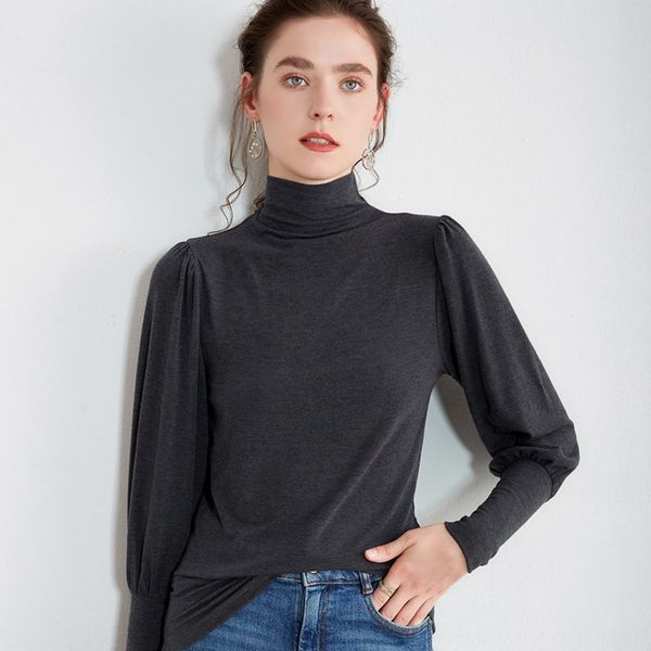 

foreign style lantern sleeve slim fit long sleeve t- women's high collar bottoming shirt korean women's 2020 winter lanternt-shirt, White