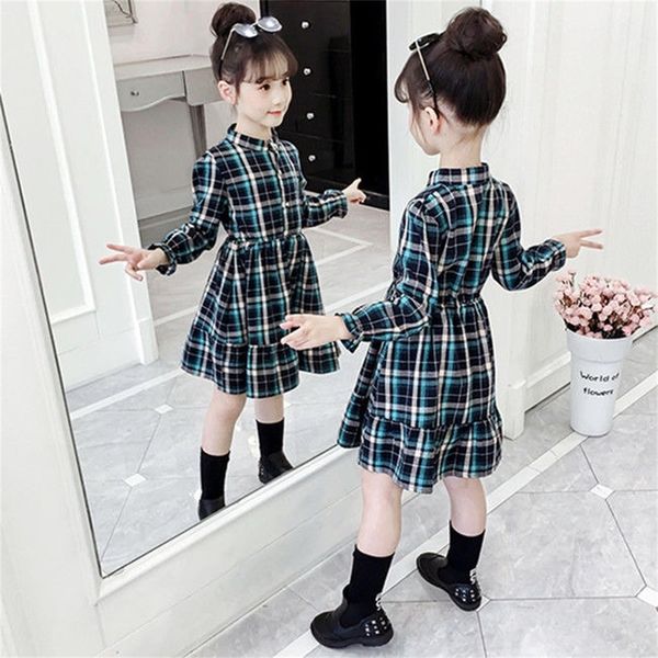 

children dress spring autumn plaid girls pattern pocket long-sleeve dress for 3-10y teenage clothes kids dress lj200825, Red;yellow