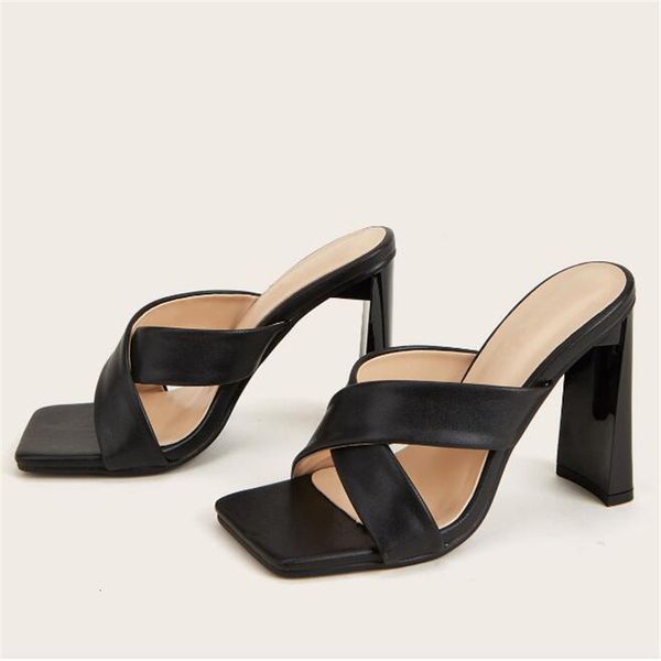 

2021 put cross cross-belt peep-toe toe high-heeled shoes summer fashion women dressed as party crutches pantoufle femme size 35-42 e8dc, Black