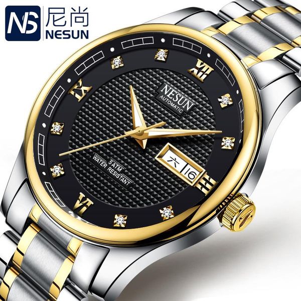 

wristwatches switzerland nesun diamond automatic mechanical men's watches full stainless steel luminous waterproof clock n9121-8, Slivery;brown