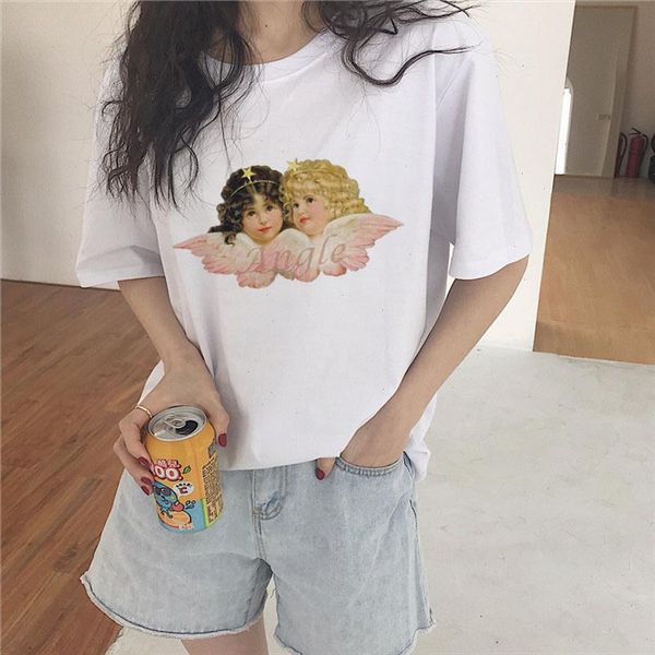 

summer kawaii angel fun cute print female short sleeve t shirt harajuku fashion lady loose casual vintage o neck women clothing, White