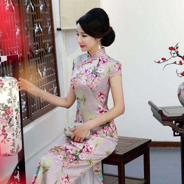 

urmsc 2020 summer new elegant cheongsam che long silk improved show 2020 summer new large elegant large size long silk show cheongsamimprove, Black;gray