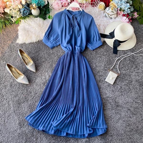 

vintage 2020 slim bow midi long dress summer tunic elegant office dress party women casual high waist pleated vestido de festa, Black;gray