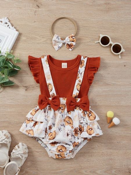 

baby girl rib-knit bodysuit & bow front suspender shorts & headband she, White