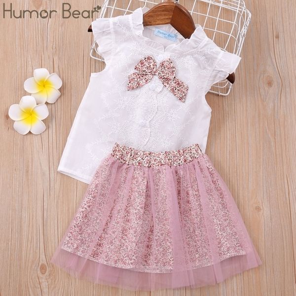 

humor bear baby girls clothes kids set fashion bow short sleeve t-shirt +pant baby girls clothing set kids cartoon clothes set lj200915, White
