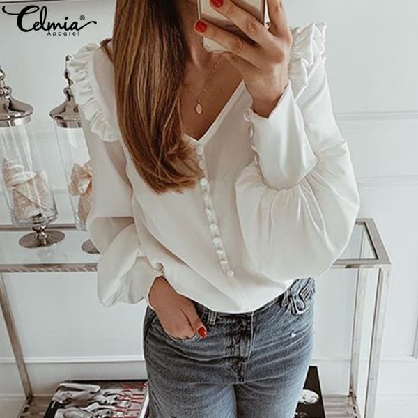 

autumn women shirts blouses 2019 celmia v neck long sleeve casual solid ruffled tunic button plus size blusas femininas t200321, White