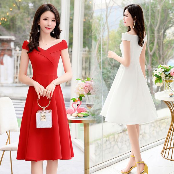 

summer off shoulder zipper short sleeve v-neck knee-length a-line simple solid red yellow color women party coctail dress 9719, Black