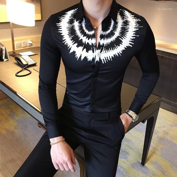 

men's casual shirts spring men's long sleeve slim fit fashion print shirt men turn down collar night club work clothes black/white, White;black