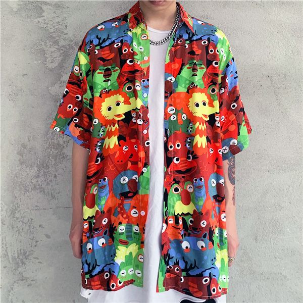 

2021 harajuku cartoon animal print female summer chiffon women loose short sleeve blouse man large size shirt vbbz, White