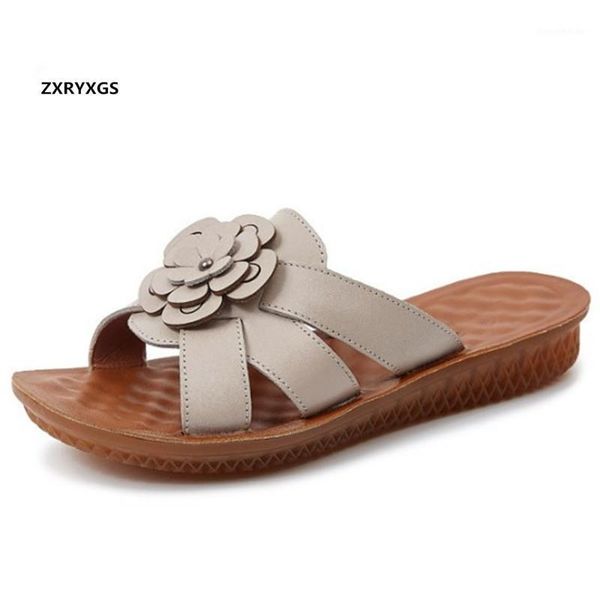 

sandals 2021 flowers genuine leather slipers fashion open shoes summer flat soft comfortable slippers woman1, Black