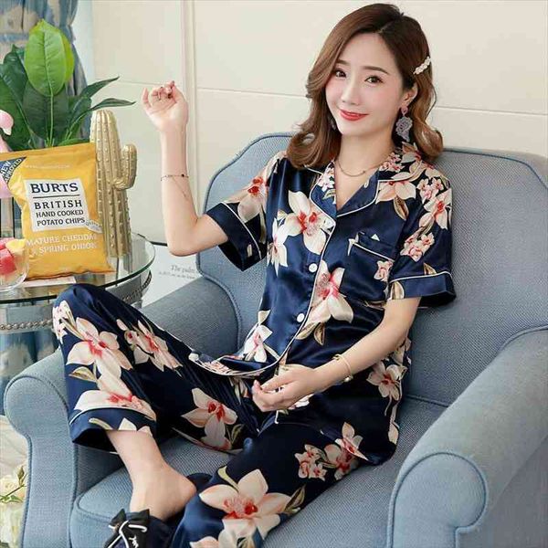 

summer womens pajamas set silk satin turn-down collar nightgown sleepwear short sleeve long pant plus size 3xl 4xl 5xl, Black;red