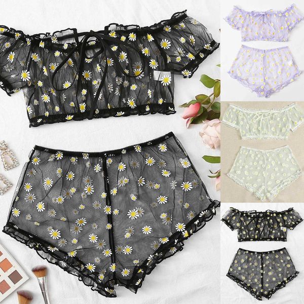 

cute lace embroidery women erotic nightwear underwear off-shouder see-through set sleepwear pajamas lingerie, Black;white