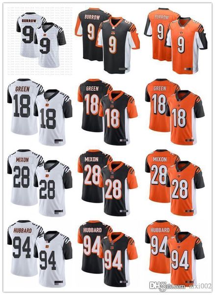 

mens womens youth cincinnati bengals 18 a.j. green 9 joe burrow 28 joe mixon 94 sam hubbard black orange custom football jerseys, Black;red