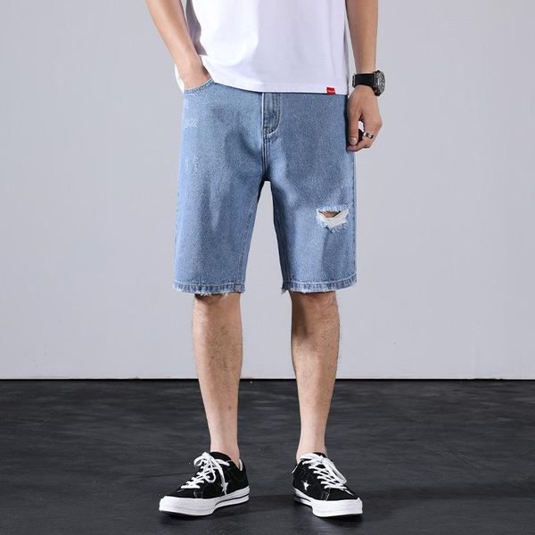 

men's jeans leosoxs hole solid color loose men straight half length plus size ripped denim trousers male wild fashion, Blue