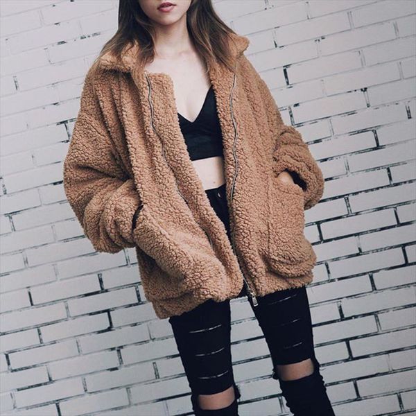 

elegant faux fur coat women 2019 autumn winter warm soft zipper fur jacket female plush overcoat pocket casual teddy outwear 3xl, Black