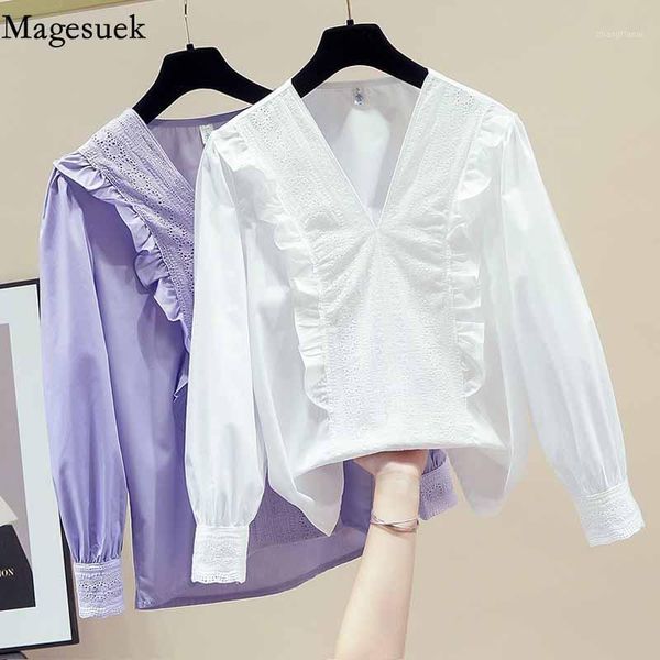 

lace splice hollow out vintage shirt autumn fashion sweet v-neck blouse women long puff sleeve pullover blusas mujer 112211, White