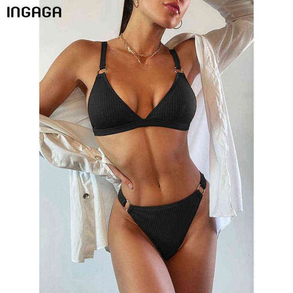 

swimsuit ingaga ribbed bikinis women's swimwear push up swimsuits ring biquini solid bikini set mid waist bathing suits summer, White;black