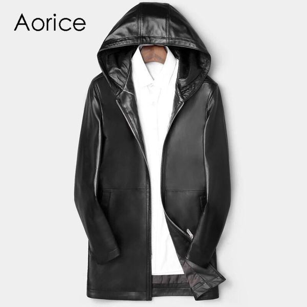 

aorice mt911 2020 new fashion men jacket medium long hooded genuine sheepskin leather mens jacket and coats outwear1, Black;brown